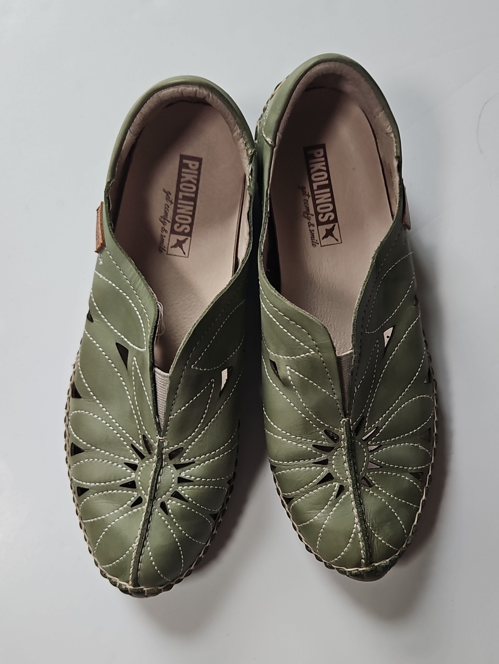Pikolinos Jerez Slip On Shoe Floral Cut Out Green Loafer Flat 36 5.5/6 US